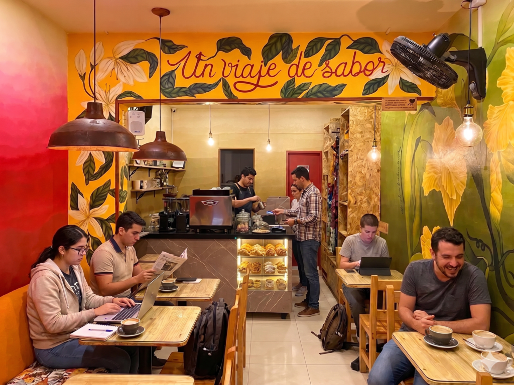 Interior de Café Euge en Laureles, Medellín, con clientes trabajando en portátiles y socializando bajo un gran mural que dice 'Un viaje de sabor'. Un espacio vibrante ideal para tomar buen café, trabajar y conocer gente.